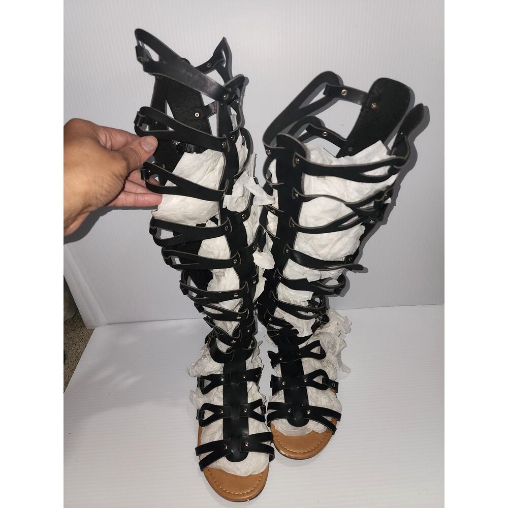 Women's Black Knee-High Open Toe Gladiator Sandals SZ 10